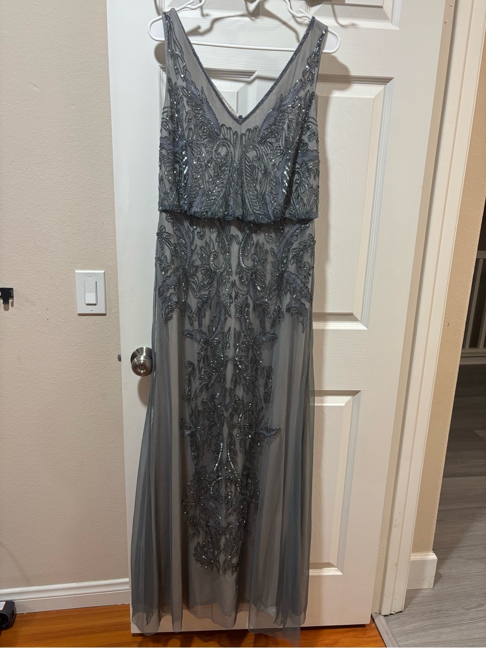 Adrianna Papell Gray Beaded V-Neck Maxi Dress